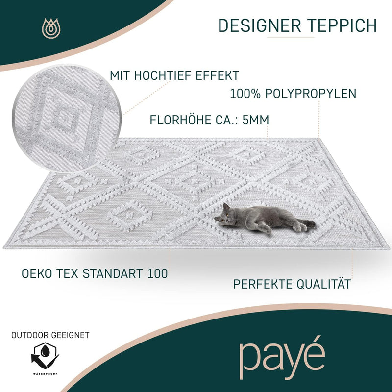 payé Teppich Wohnzimmer - Silber Grau - 80x150cm - Raute Optik - Boho Teppiche für Balkon Terrasse G