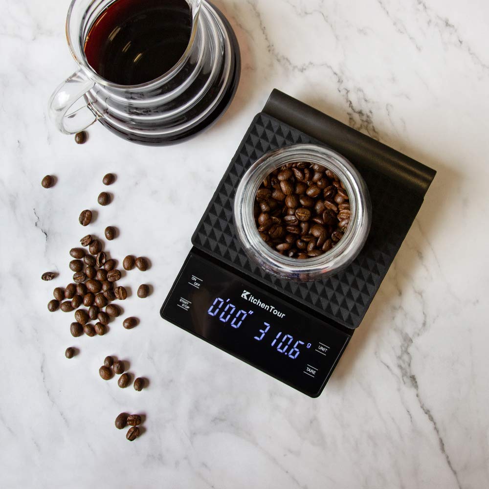 KitchenTour Kaffeewaage mit Timer 3kg/0,1g Hohe Präzision Pour Over Drip Espresso Waage mit hintergr