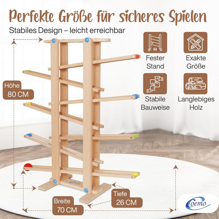 Stabile Kugelbahn XL aus Holz Natur, 7 niedliche Mobile wie Auto, Blume, Kasper, Kugel, grosse Murme