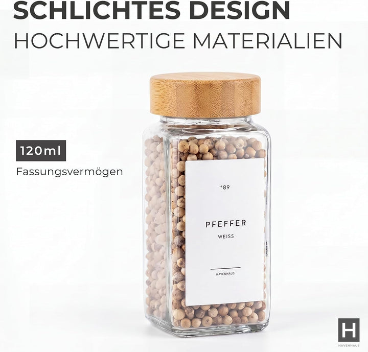 Havenhaus Premium Gewürzgläser Set Bambus | 24 Gewürz Organizer inkl. 336 deutschen Gewürzetiketten