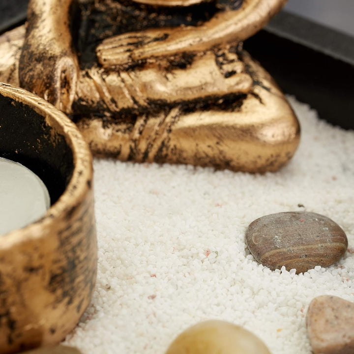 4 x Zen Garten, mit Buddha, Steinen, Sand, Räucherstäbchen & Teelichthalter, Entspannung, Feng Shui