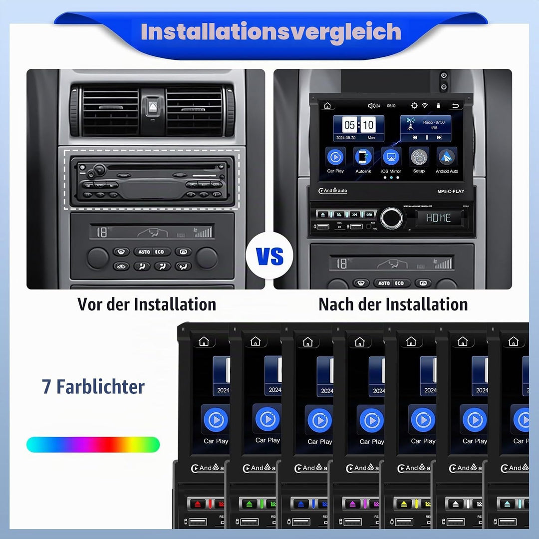 CAMECHO Autoradio 1 Din Navi mit Wireless Carplay &amp; Android Auto, 7 Zoll Motorisch Ausfahrbarem Bild