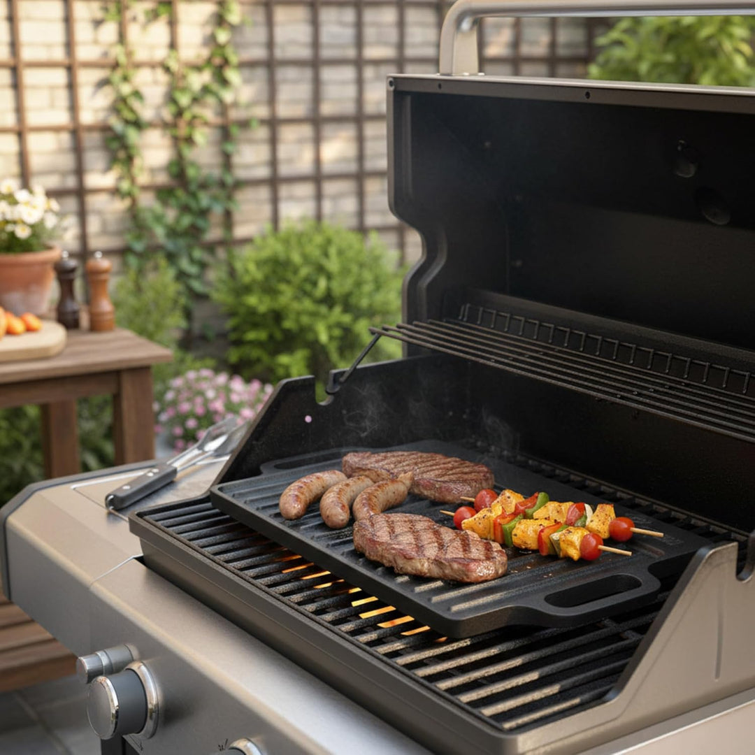BBQ-Toro Gusseisen Grillplatte mit Griffen | 40 x 20,5 cm | Grillpfanne, beidseitig verwendbar | Rec