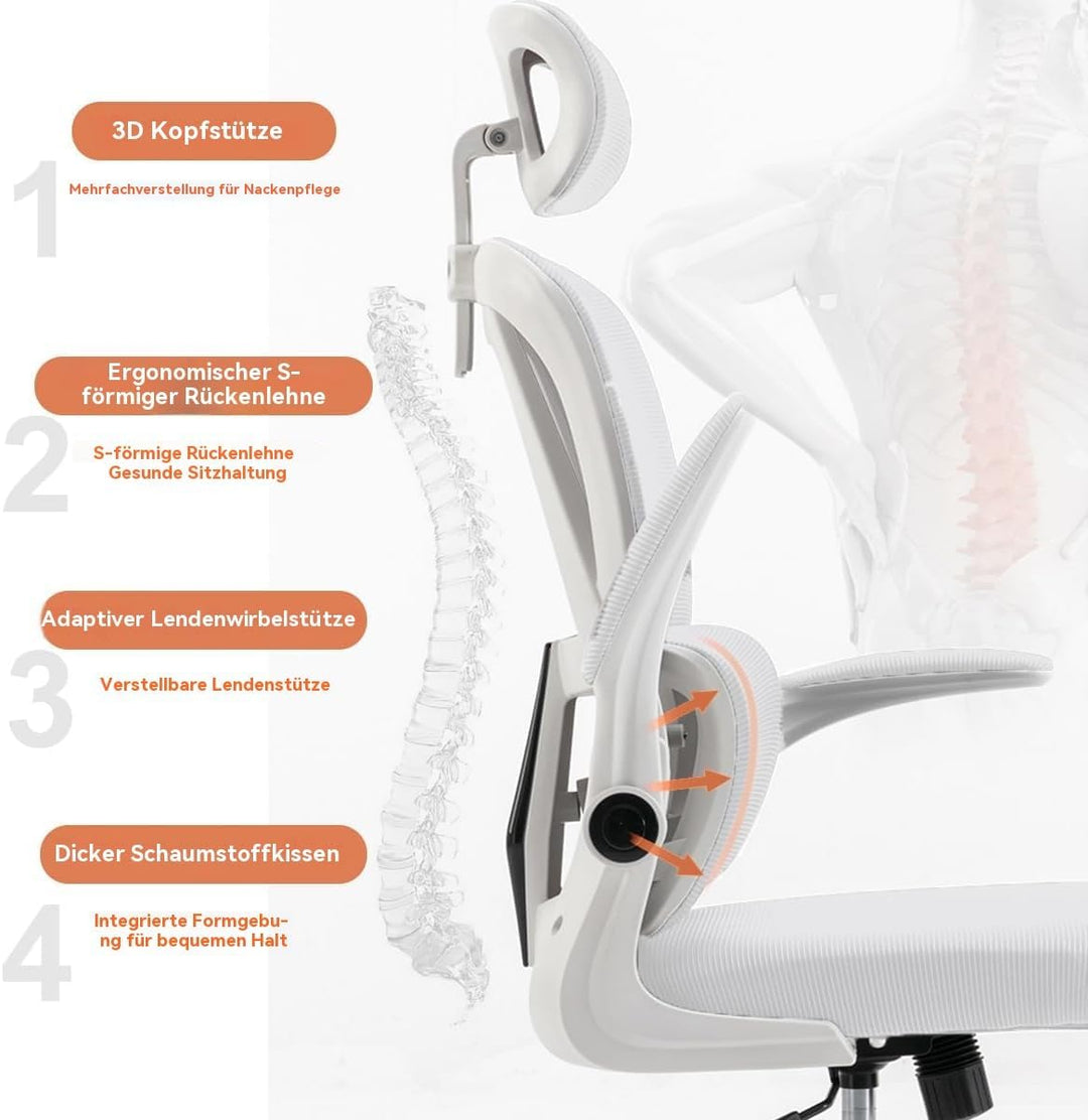 Ergonomischer Bürostuhl - Weiss | Höhenverstellbarer Schreibtischstuhl mit Hochrücken,Mesh und Lende