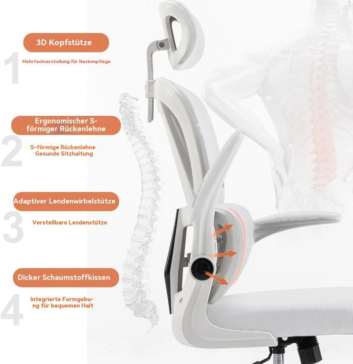 Ergonomischer Bürostuhl - Weiss | Höhenverstellbarer Schreibtischstuhl mit Hochrücken,Mesh und Lende