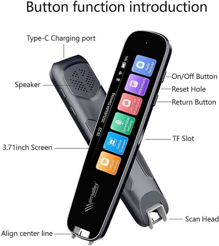simvalley MOBILE Übersetzerstift: Übersetzer-Stift, 142 Online-Sprachen, Scan-Funktion, Touch-Displa