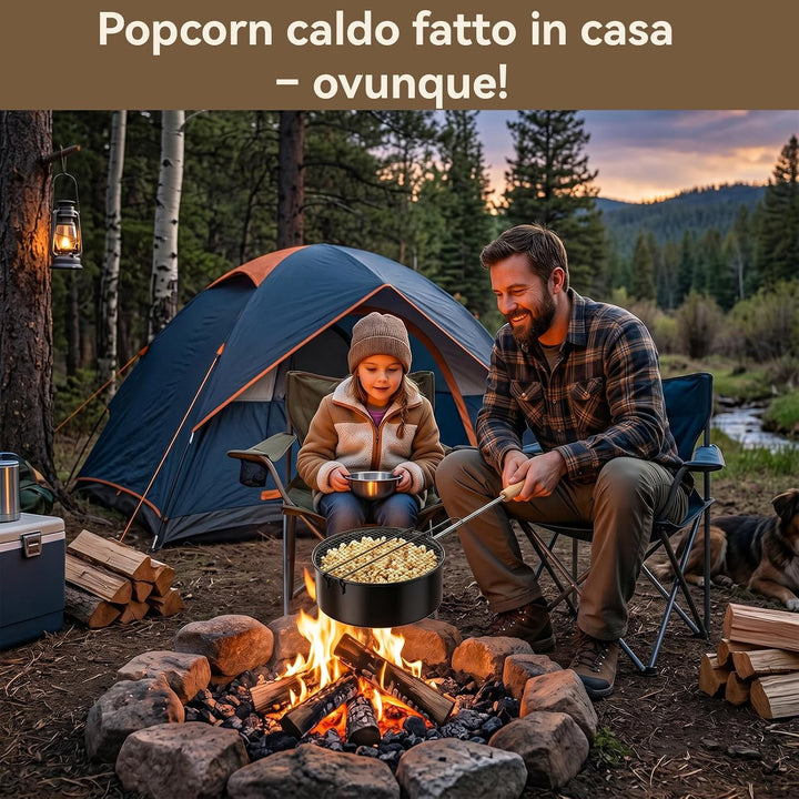 Popcornpfanne für Lagerfeuer &amp; Grill | aus hochwertigem Carbonstahl &amp; Sicherheitsgriff | Perfekt für