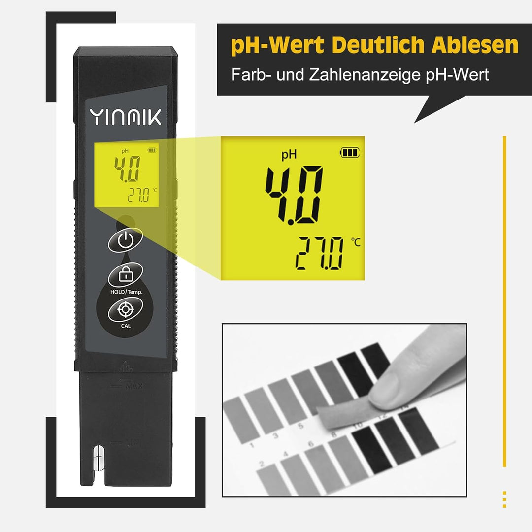pH Messgerät Wasser, pH Wert Messer, YINMIK pH Tester, Digitaler pH Monitor mit Farbdisplay, Pool pH