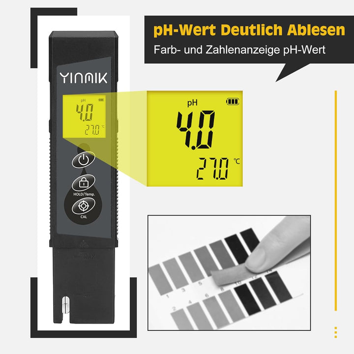 pH Messgerät Wasser, pH Wert Messer, YINMIK pH Tester, Digitaler pH Monitor mit Farbdisplay, Pool pH