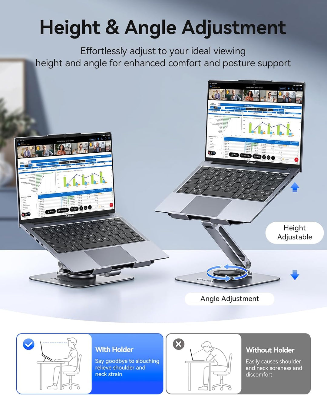 ORICO Laptop Ständer Höhenverstellbar mit 360° Drehsockel, Faltbarer Ergonomischer Notebook Ständer