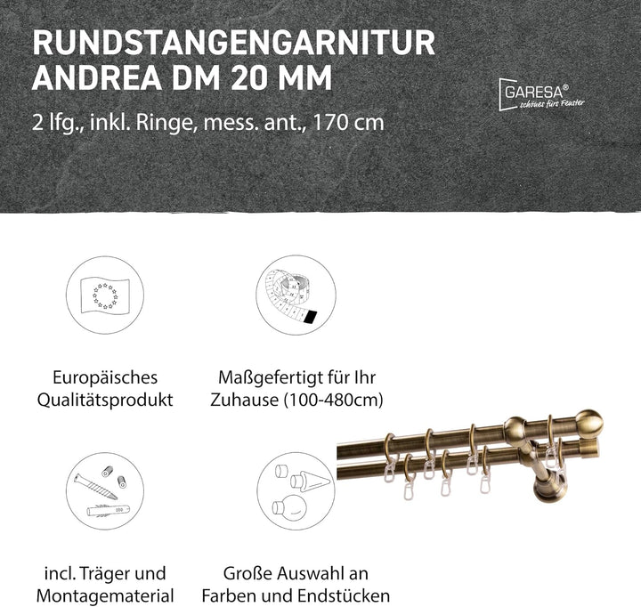 Garesa Gardinenstange Andrea Ø 20mm, 2-läufig, Messing, antik I Stabile Vorhangstange inkl. Ringe +
