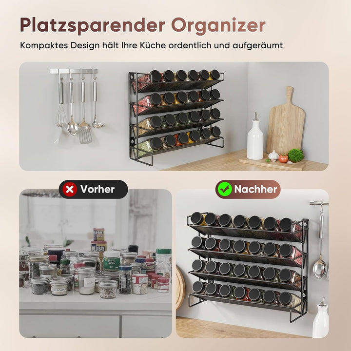 Gewürzregal Set mit Gläsern - 4 Ebenen Gewürzständer 28-tlg. Metall Schwarz - Küchen-Organizer inkl.