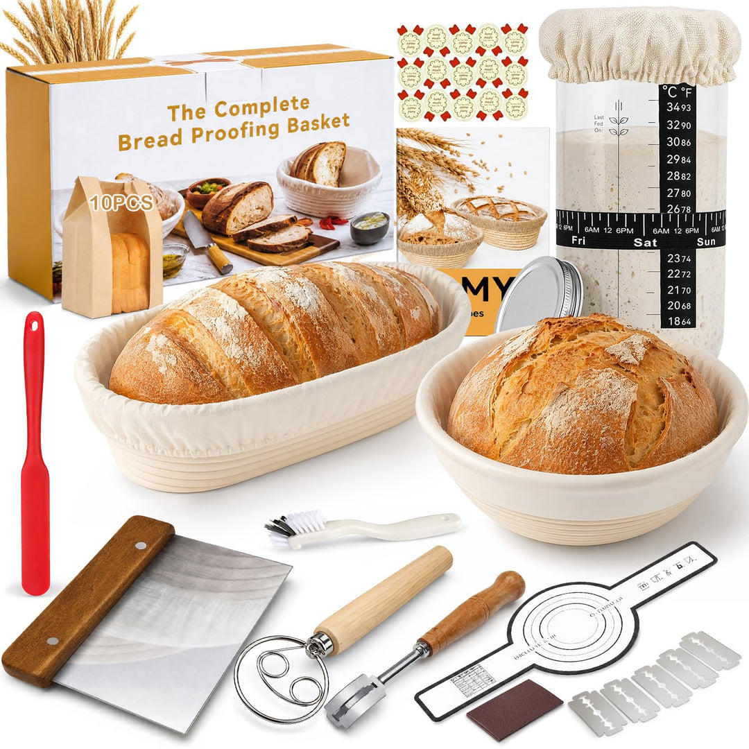 20-Teilig Sauerteig Starter Set mit 2 Gärkörbchen,Natürlicher Rattan Gärkorb Brot Set,Komplettes Bro