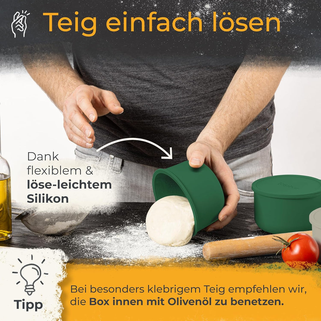 Teigbar« Pizzaballenbox mit Deckel, 4er Set - platzsparende Teigbox aus löse-leichtem Silikon - bis