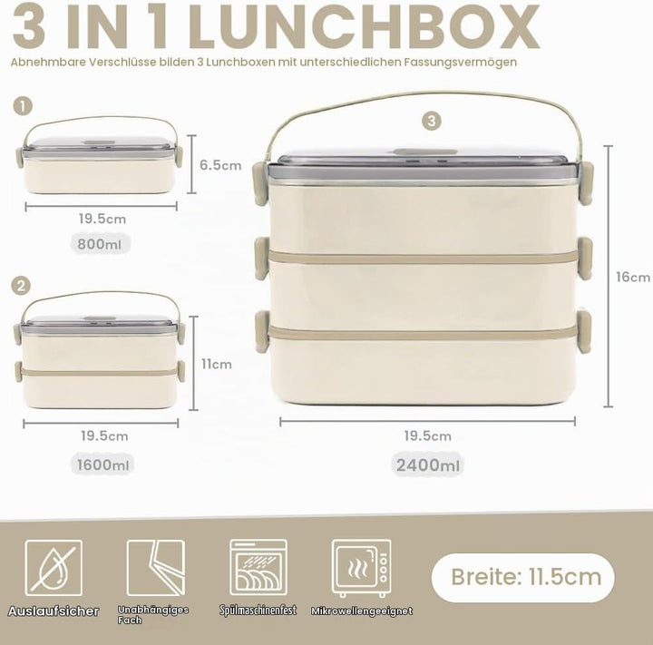 Bugucat Lunchbox 2400ML, 3 in 1 Bento Box Brotdose Auslaufsicher Luftdichte Brotzeitbox mit Fächern