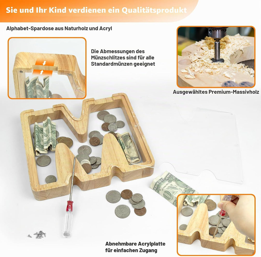 DBPBToU Spardose aus Holz Buchstaben, Sparschwein Durchsichtig für Kinder, Sparbox Personalisierte,