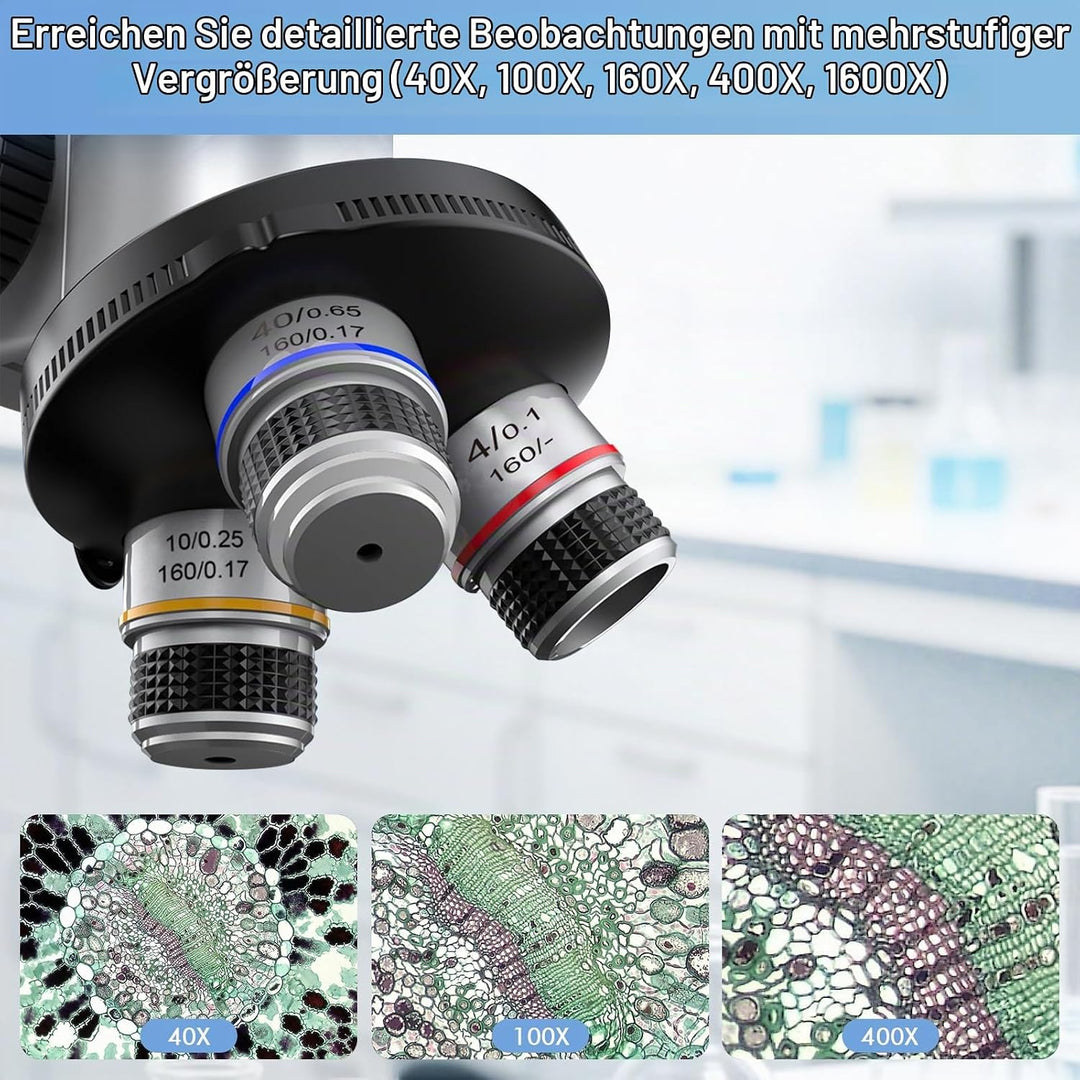 Binokular Mikroskop für Erwachsene, 40X-1600X Vergrösserung mit dualer LED-Beleuchtung, Biologisches