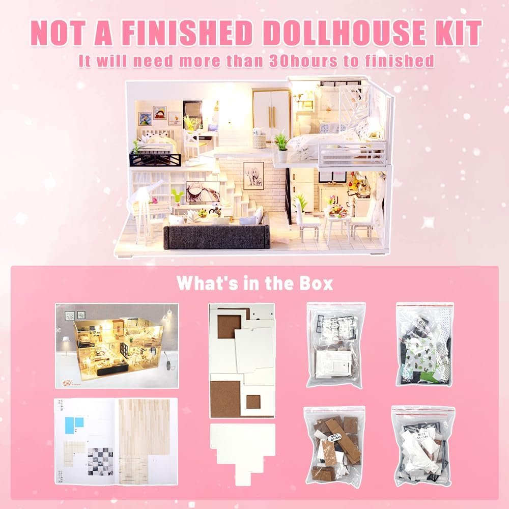 GuDoQi DIY Puppenhaus Miniatur Kit, 3D Hölzernes Puppenhaus Bausatz mit Möbeln und Musik und LED-Lic