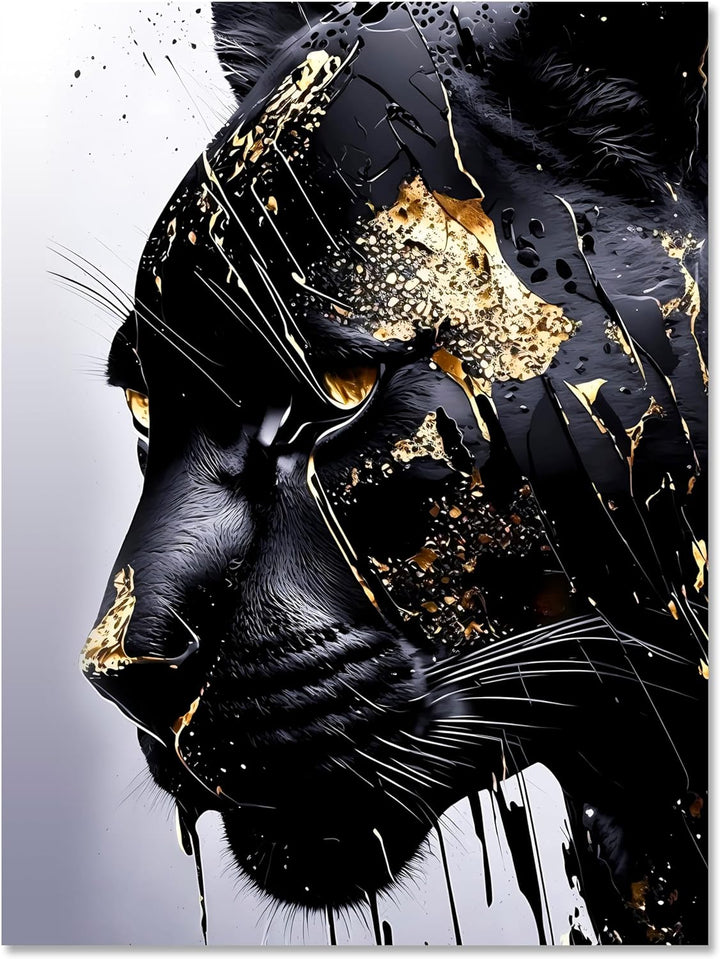 wandmotiv24 Leinwandbild Fantasy, 80x60cm, Hochformat, Panther, Gold, Deko, Bilder auf Leinwand, Wan