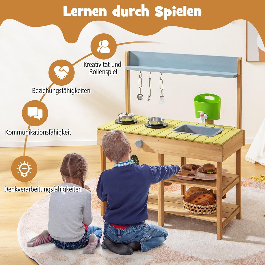 COSTWAY Matschküche Outdoor, Kinderküche Holz mit Wasserfunktion, Spielküche mit Haken & Abnehmbarem