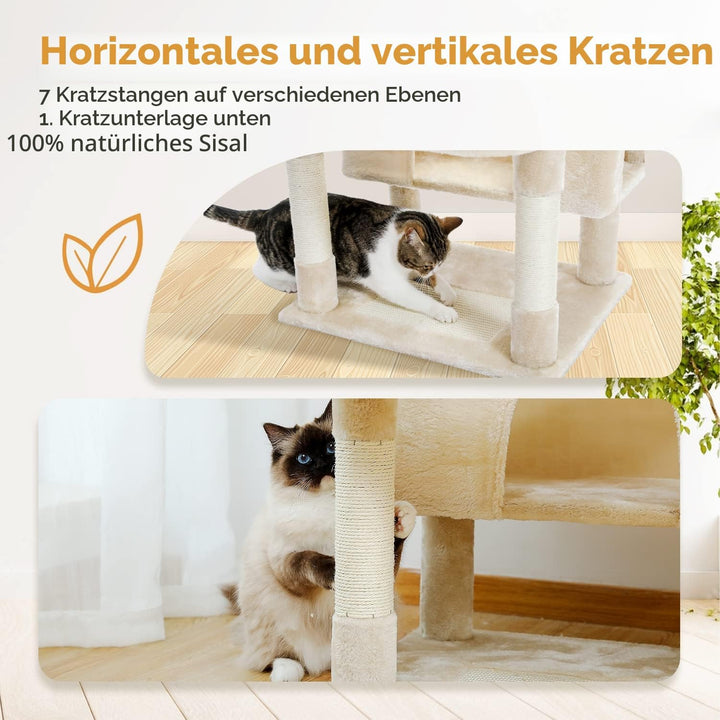PAWZ Road Kratzbaum Grosse Katzen Stabil, 184 cm hoch, 7 Sisalpfosten, Grosser Sitzstange, Höhle, Kö