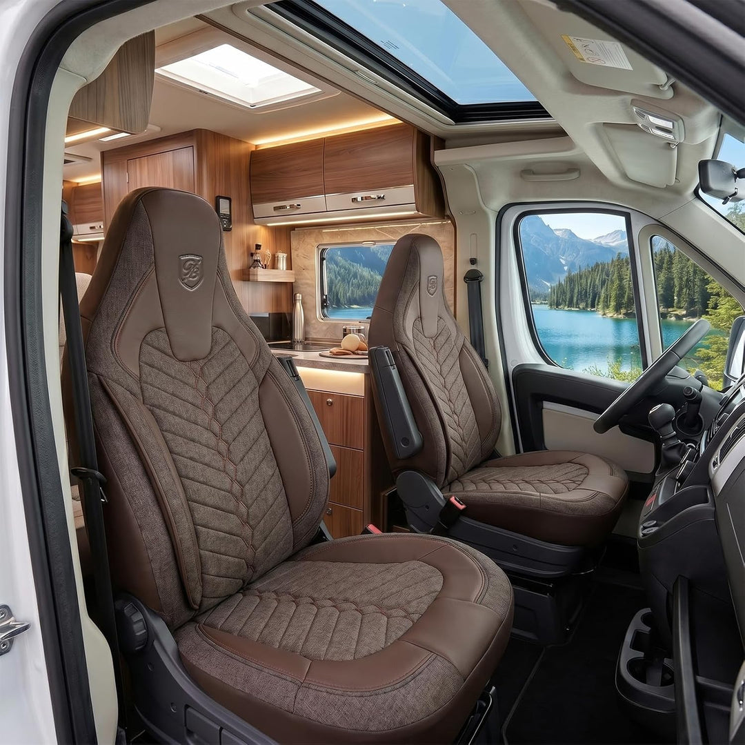 Autositzbezüge Universal für Wohnmobil & Caravan - Vordersitze Auto Sitzbezug aus Leinen, Braun, Air