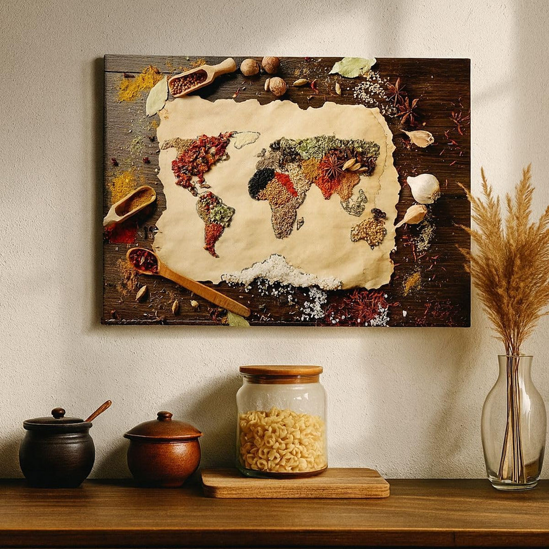 Bilder auf Leinwand 100x70cm Leinwandbild Welt Karte Gewürze Farben Gross Wanddeko Bild Schlafzimmer