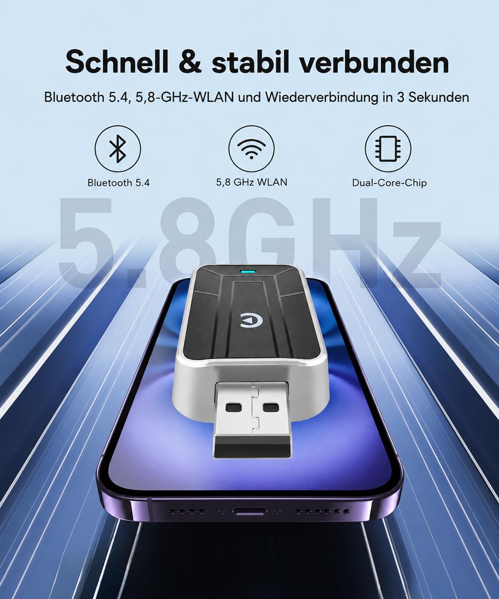 CarPlay Wireless Adapter, Kabelloser CarPlay &amp; Android Auto Adapter, USB Carplay Adapter mit Schnell