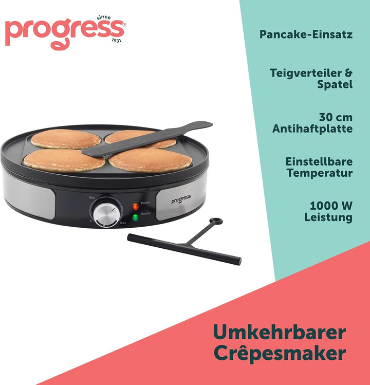 Progress Reversible Crepe Maker – Elektrische Pfannkuchenmaschine mit 30 cm Kochplatte, Scotch Panca