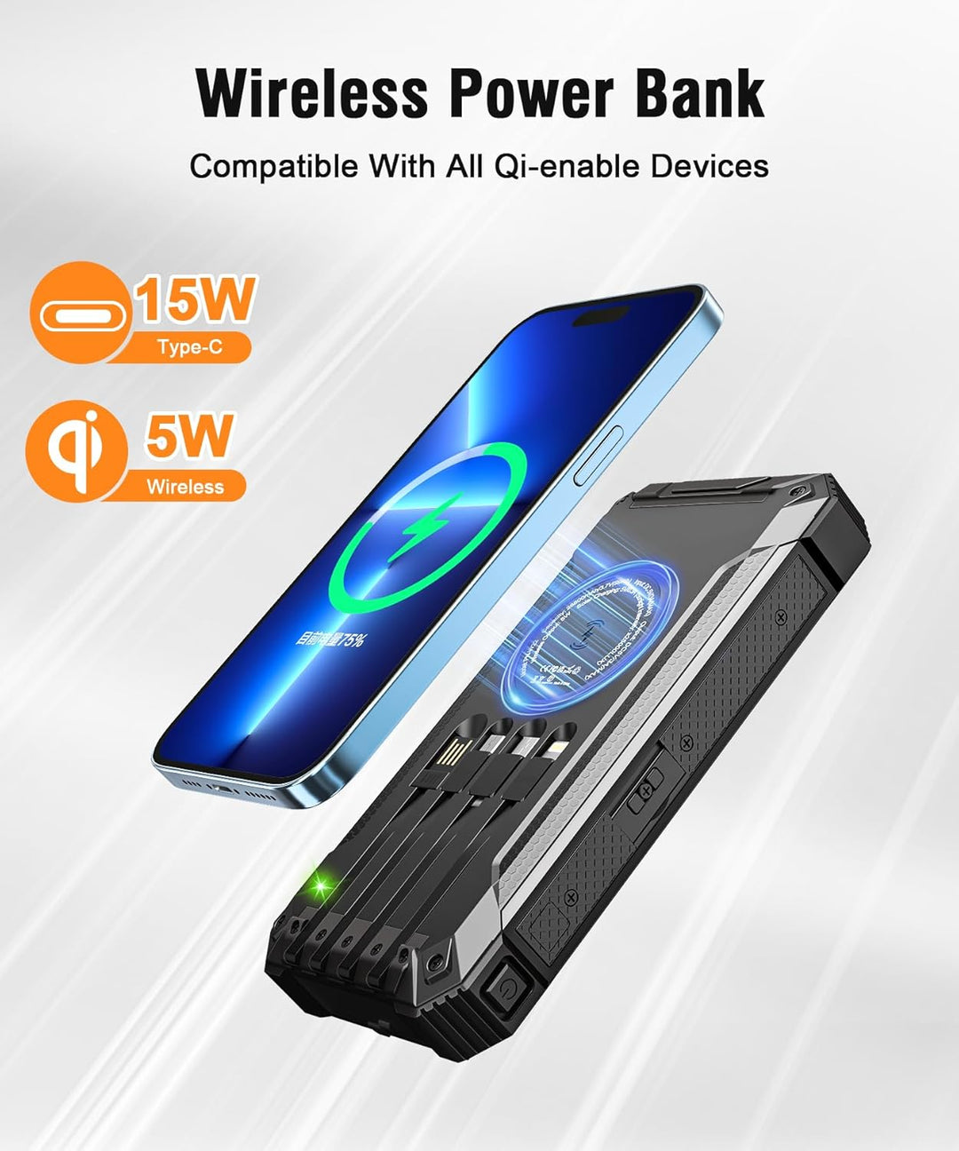 Solar Powerbank 26800mAh mit integrierten 4 Kabeln, Wireless Power Bank USB-C Ausgang/Eingang 15W Sc