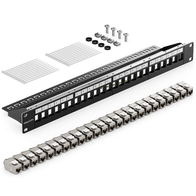 deleyCON 24 Port Patchpanel Set Patchfeld Modular 1 HE 19" Zoll Rackeinbau + 24x Keystone Module CAT