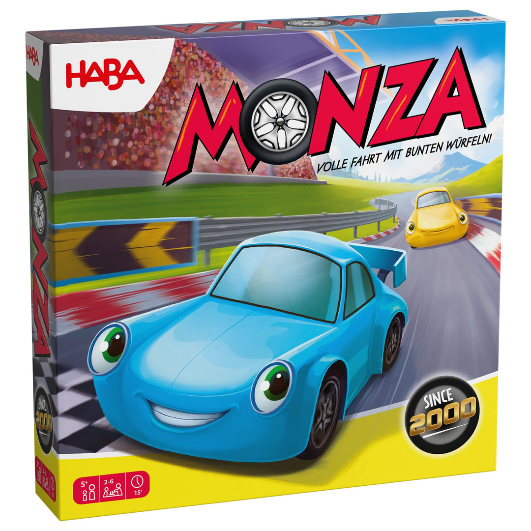 HABA Monza – Rasantes Brettspiel & Auto-Rennspiel für Kinder ab 5 Jahren – Mit 6 bunten Holzautos &