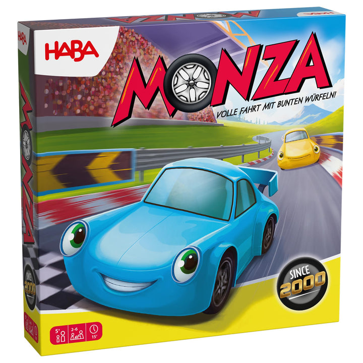 HABA Monza – Rasantes Brettspiel & Auto-Rennspiel für Kinder ab 5 Jahren – Mit 6 bunten Holzautos &