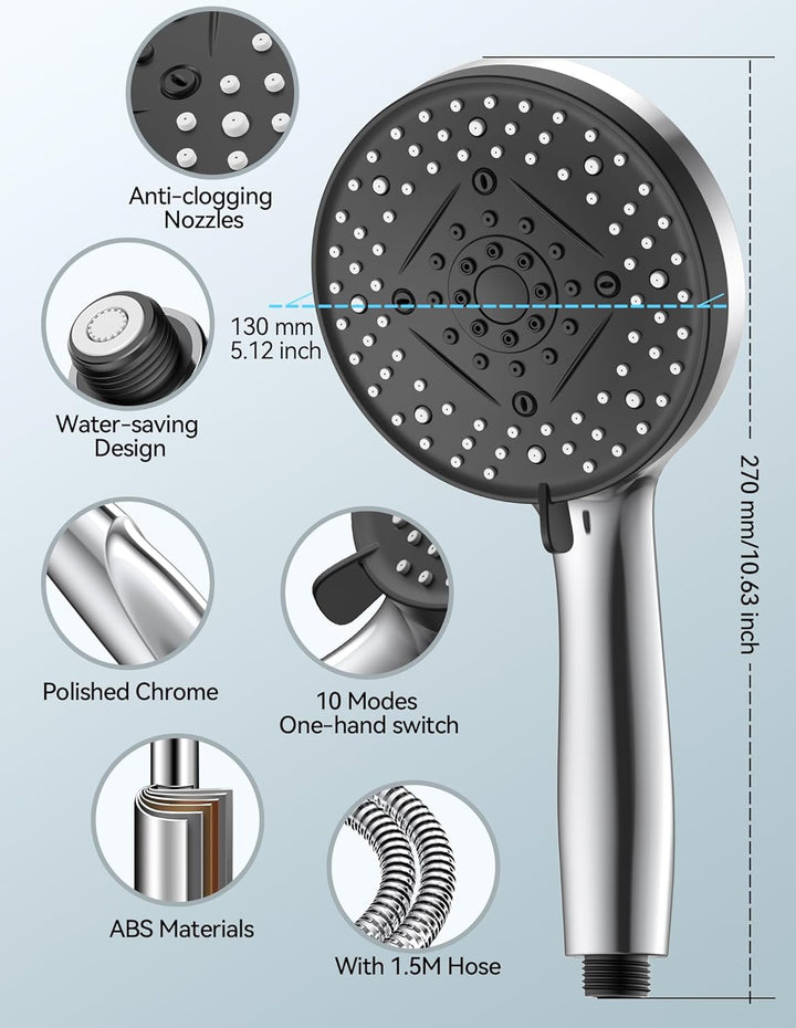 VOXON Hochdruck Duschkopf mit Schlauch, Shower Head mit 10 Strahlarten, Duschkopf Druckerhöhend, Dus