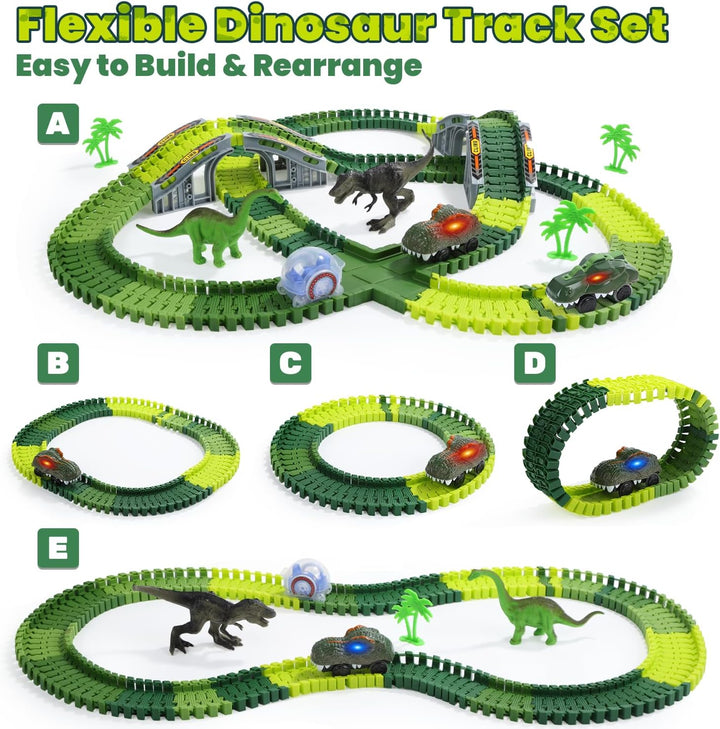 EagleStone Dinosaurier Rennbahn Set für Kinder – 233 Rennstreckenteile, 2 elektrische Dino-Autos mit