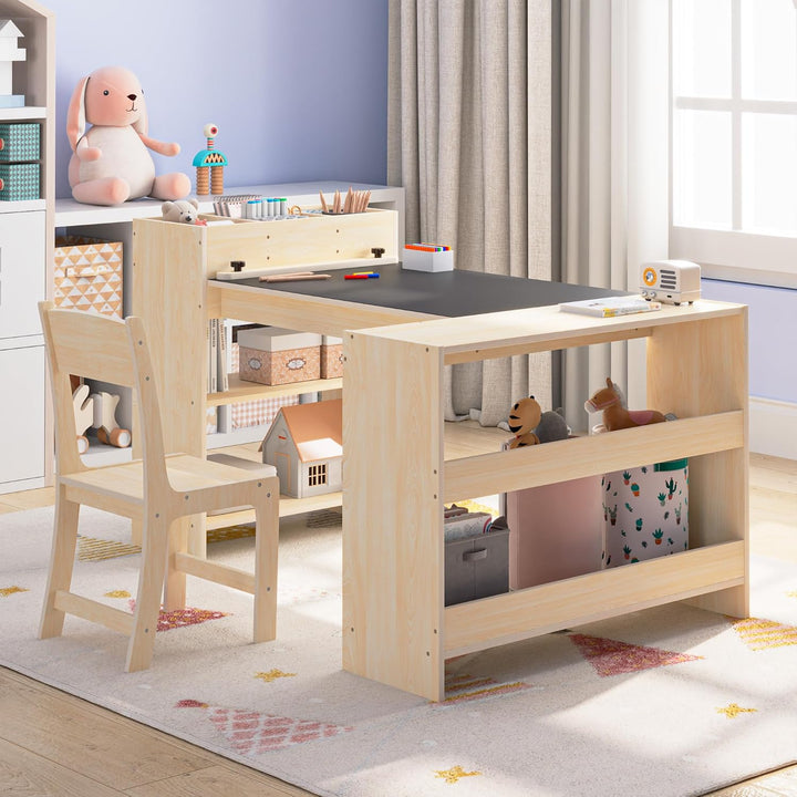 Kinder-Kunsttisch und 1 Stuhl Set, Maltisch mit Malrolle & Aufbewahrung, höhenverstellbarer Holz-Tis