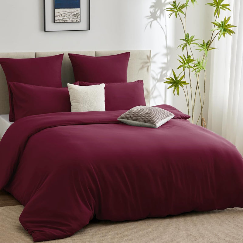 WAVVE Bettwäsche 220x240 3 teilig Weinrot Rot - Bettbezug 220 x 240 Set mit Kissenbezüge 65x65 cm, B