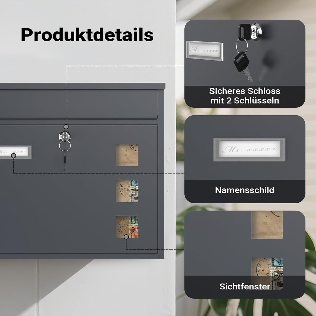 Wiltec Briefkasten V12 Anthrazit 360 x 115 x 320 mm, Wandbriefkasten mit Schloss, Sichtfenstern und