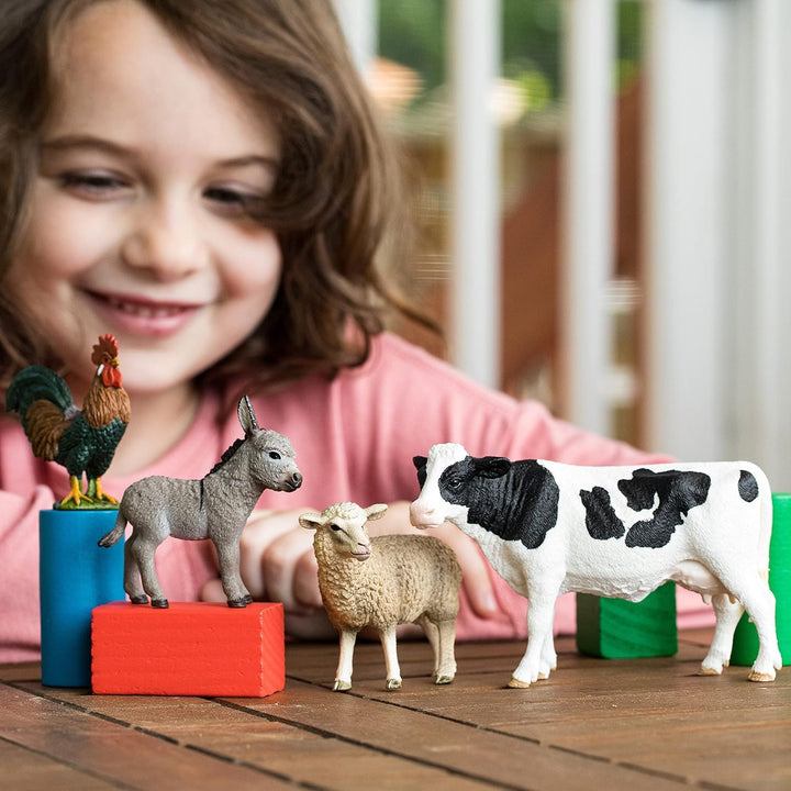 schleich 42385 FARM WORLD Starter-Set inkl. 4 schleich Bauernhoftiere: Kuh, Schaf, Esel & Hahn, Tier