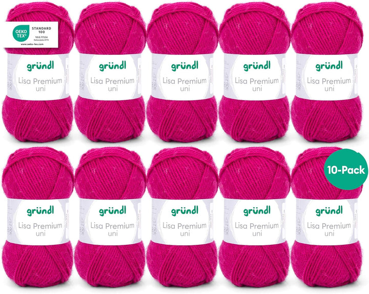 Gründl Wolle Lisa Premium Uni Fuchsia - 10 x 50g - Strickgarn - Häkelgarn - 100% Polyacryl - Superwe