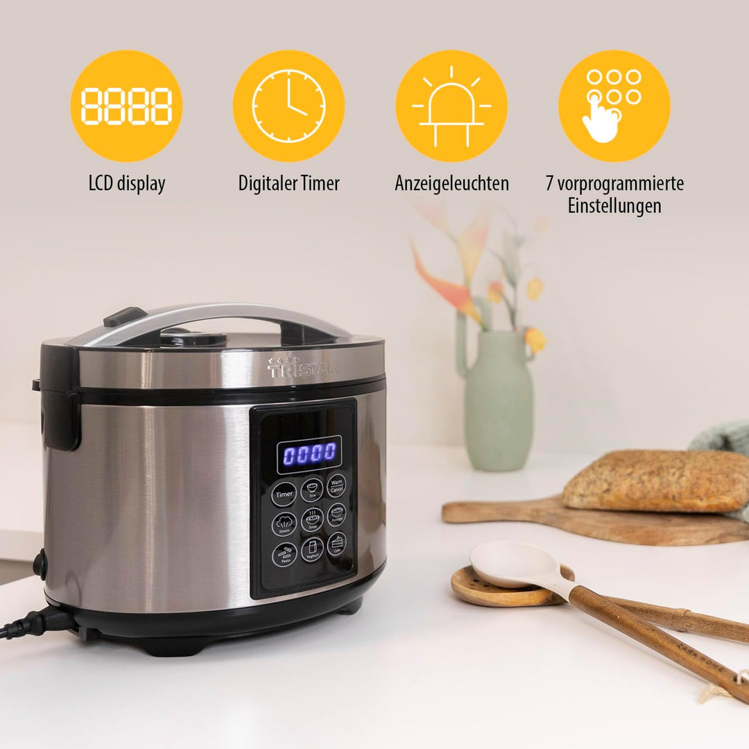 Tristar RK-6132 Digitaler Edelstahl Reis- und Multikocher, 1,5 Liter Kapazität, 500 Watt Leistung, W