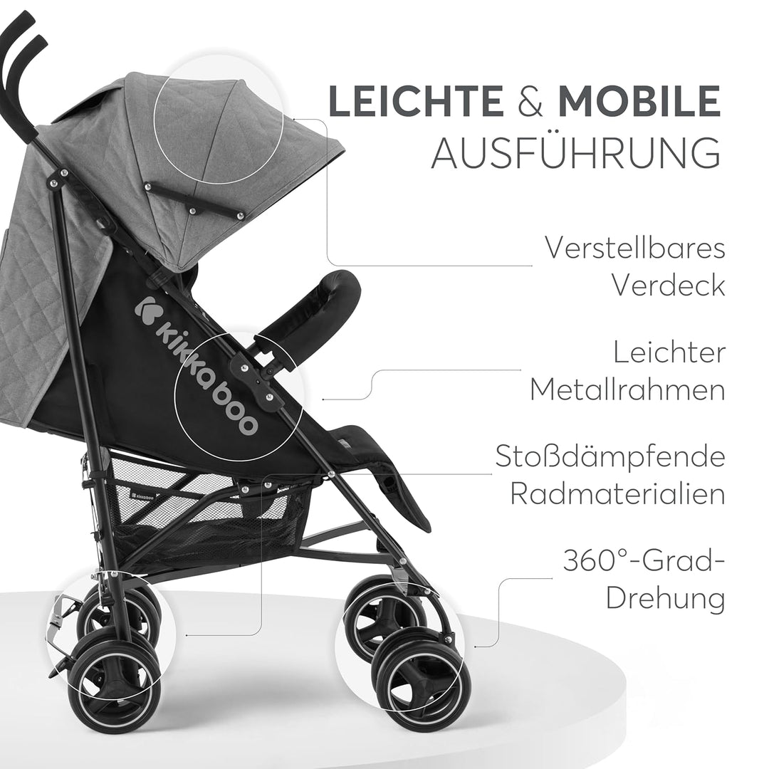 KikkaBoo BEETLE Kinderwagen, Babysportwagen bis zu 22 kg, Zusammenklappbar, Leicht, Kompakt, Grau, G