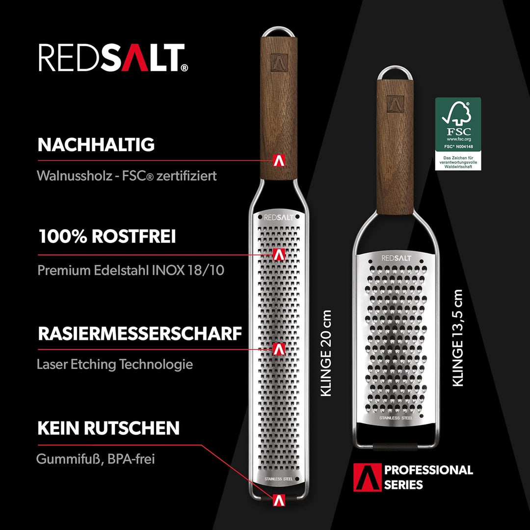 REDSALT® Premium Zester Julienne Edelstahl Reiben Set mit Walnuss Holzgriff | Raspel Küchenreibe Zit