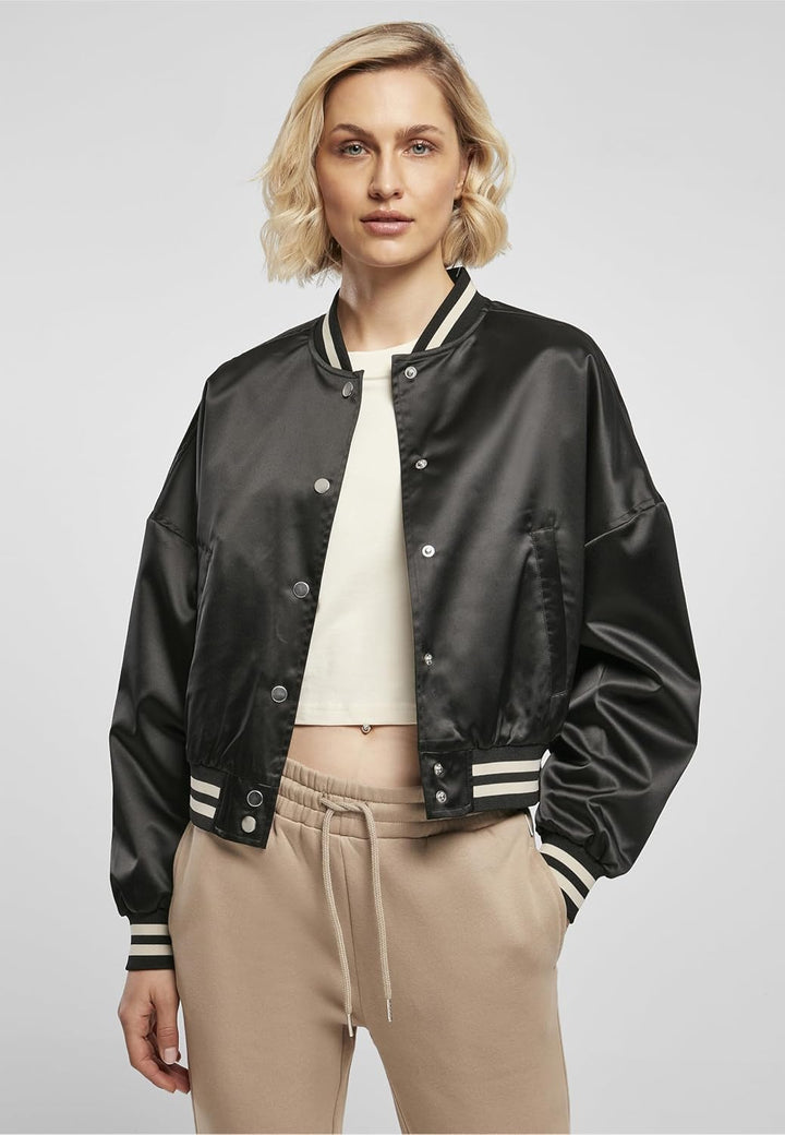 Urban Classics Damen College Jacke aus schimmerndem Satin, Short Oversized Satin College Jacket, Var