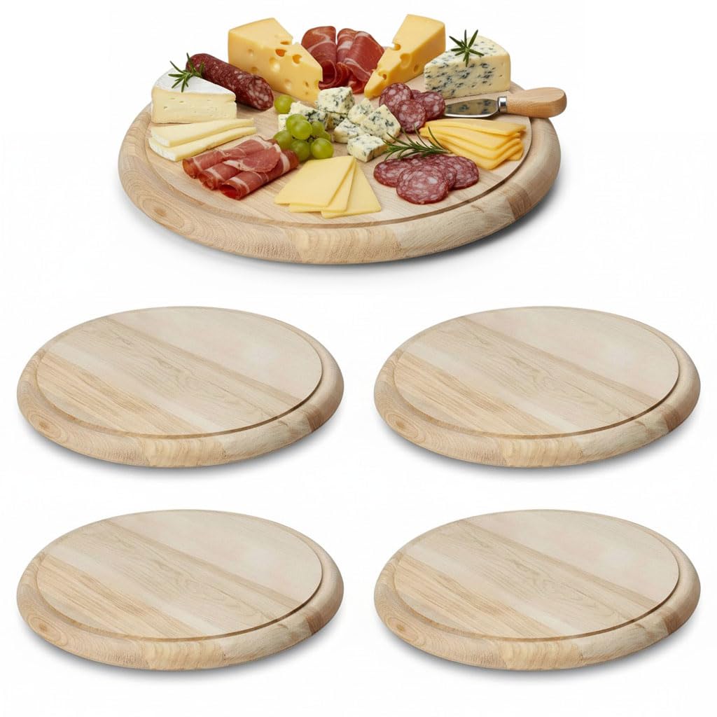 LS-LebenStil Holz Fleischteller 25cm Rund Nachhaltig 4er Set Birke FSC Schneidebrett mit Saftrille B