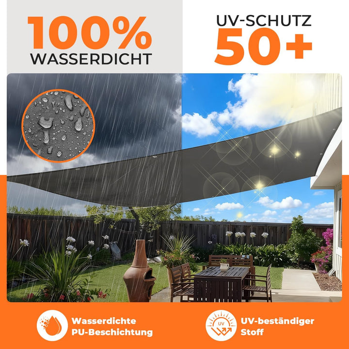 Sonnensegel Wasserdicht mit Verstärkten Edelstahl-Ösen Rechteckig 2x2.5m– UV-Schutz 95%, Wetterfest,