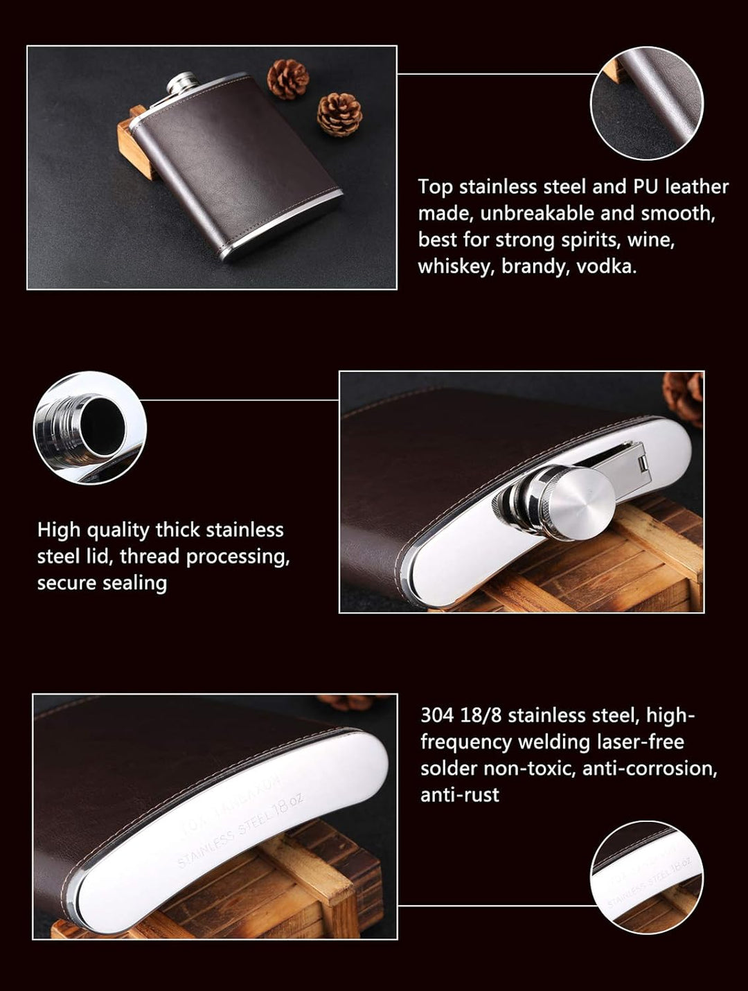 18 oz Coffee Color Stainless Steel Large Capacity Whiskey Liquor Hip Flask with Leather Wrapped, TOX