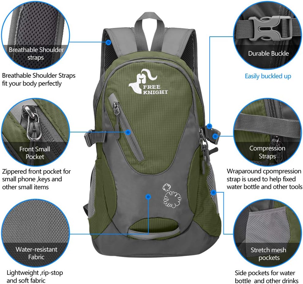 Kleiner Tagesrucksack 20L Radfahren Wanderrucksack Wasserdichter Reiserucksack Leichtgewicht (Armee