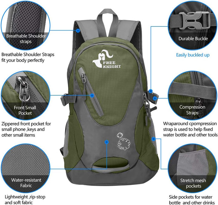 Kleiner Tagesrucksack 20L Radfahren Wanderrucksack Wasserdichter Reiserucksack Leichtgewicht (Armee