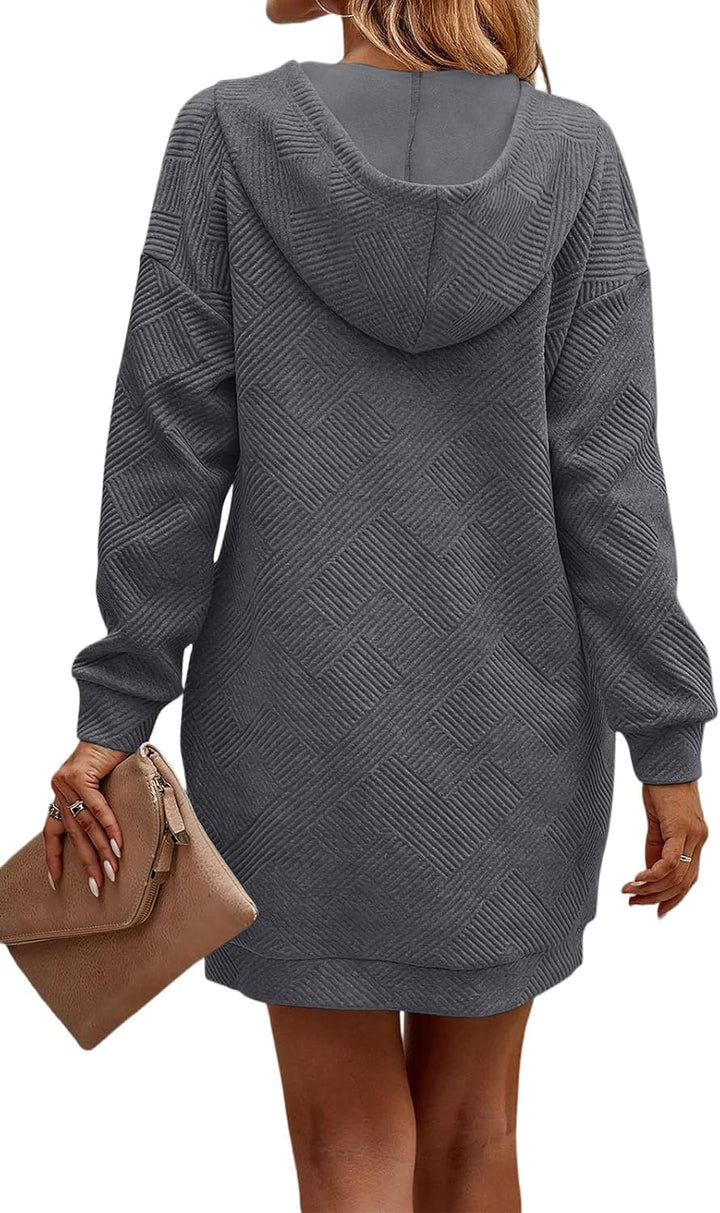 TrendiMax Damen Hoodie Kleid Herbst Übergangs Kapuzenpullover Sweatkleid Textur Knopf Langarm Sweats